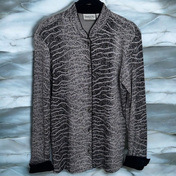 Chico's Sweaters - Chico's Travelers Silver Animal Print Long Sleeve Button Front Cardigan Size S